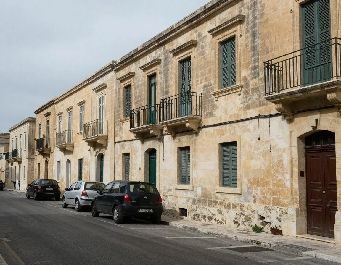 A residential street in Valletta near the editorial office in flat daylight