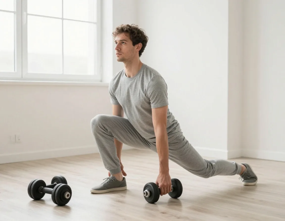 A person performing a bodyweight squat at home beside a pair of dumbbells in plain daylight
