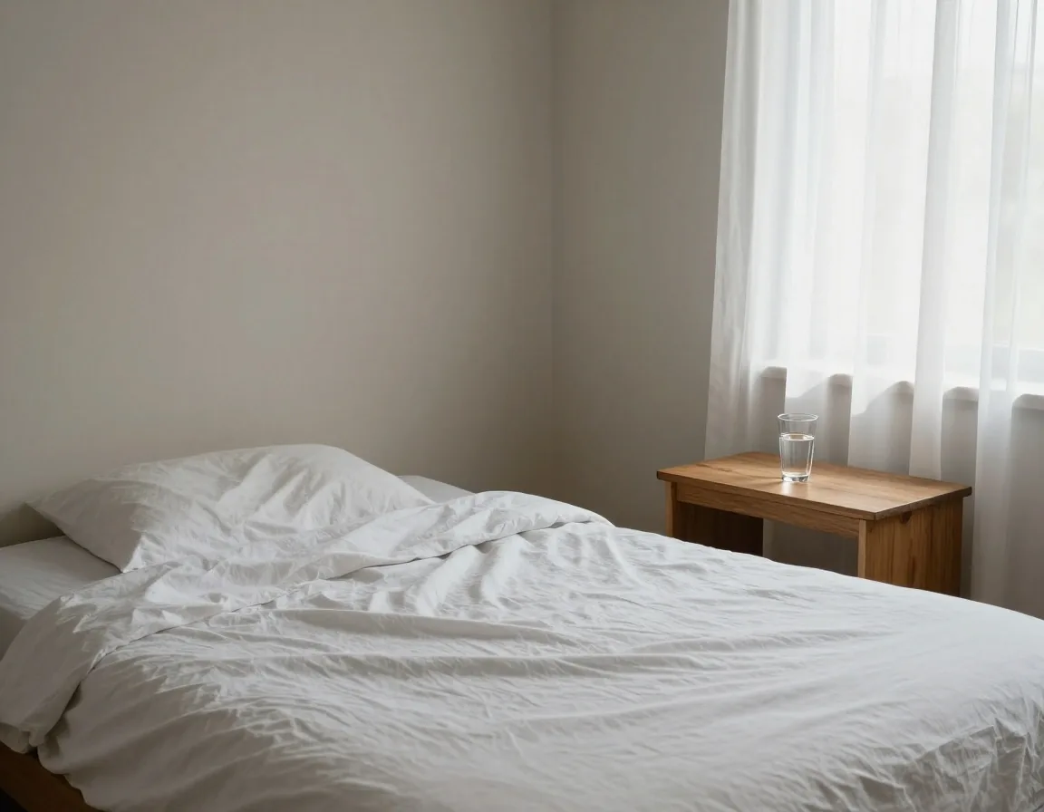 A plain bedroom corner with pale linen and a glass of water on the nightstand in flat morning light