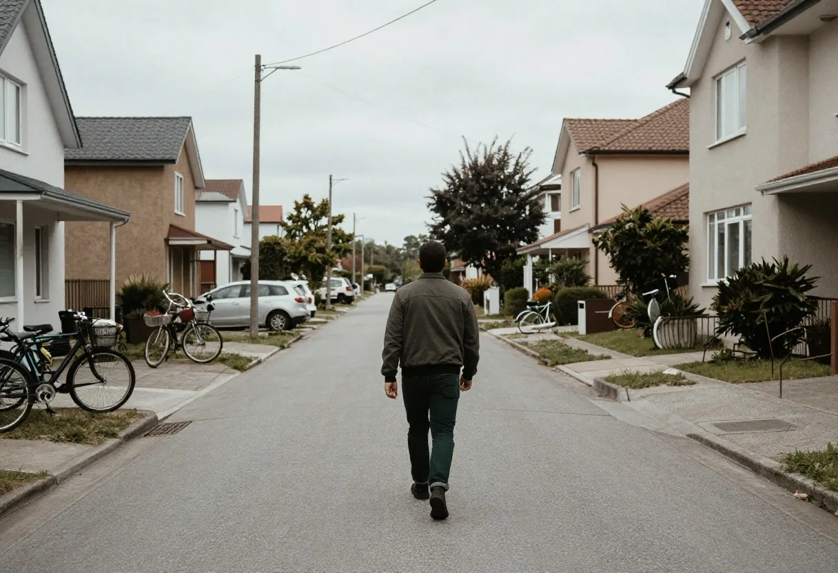A person in everyday clothes walking along a plain residential street in overcast daylight